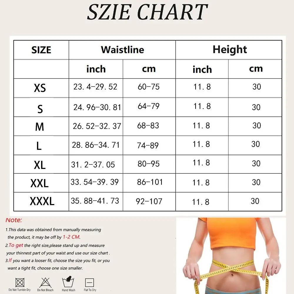 Size chart for waistline and height with measurement details.
