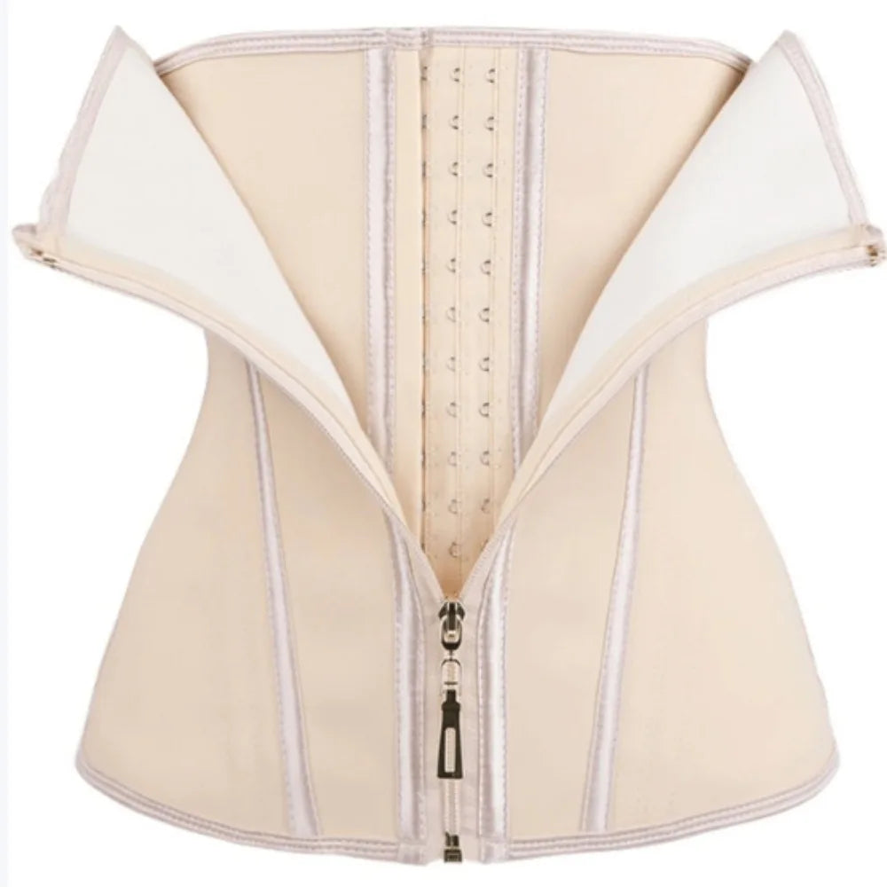 Beige waist trainer with a zipper on a white background