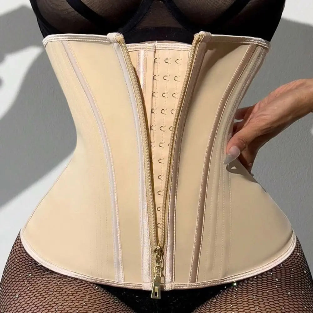 Beige waist trainer being worn by a person against a neutral background