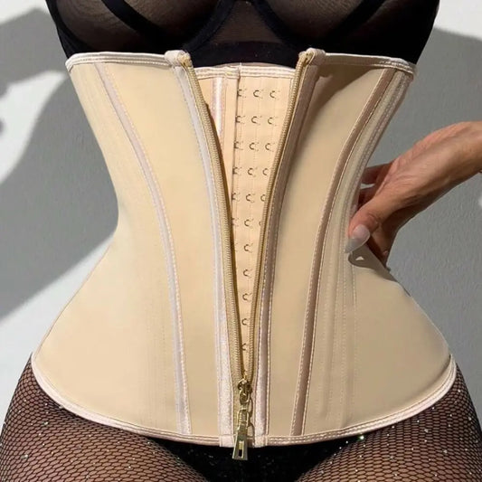 Beige waist trainer being worn by a person against a neutral background