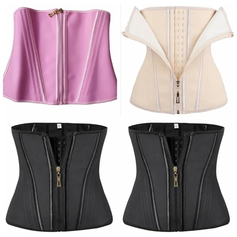 Four waist training corsets in pink, beige, and black on a white background.