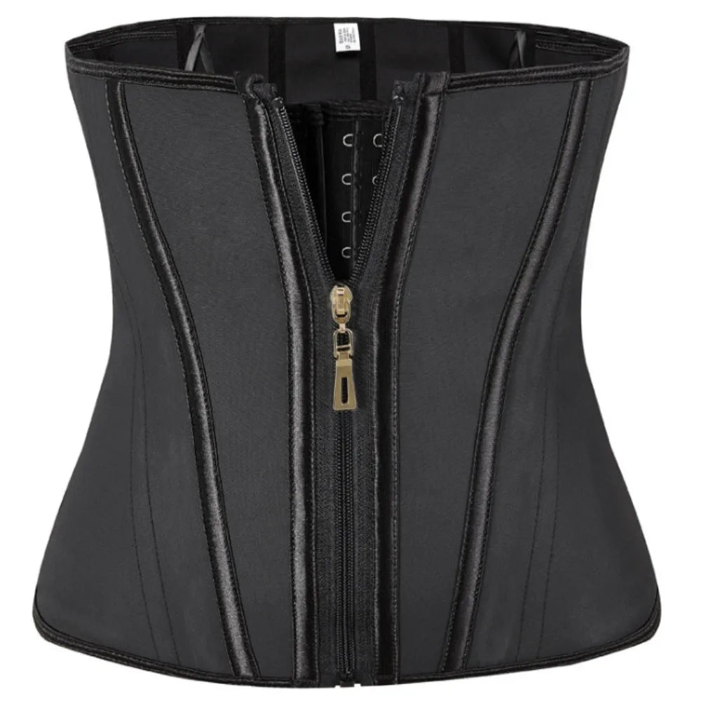 Black waist trainer with a gold zipper on a white background